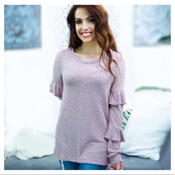 Soft Ribbed Ruffle Sleeve Top - Picture 1 of 4